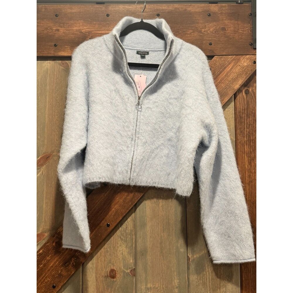 Wild Fable Women's Small Fuzzy Cropped Zip Up Cardigan Sweater Light Blue NWT